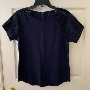 JCrew Navy Top with Crochet Sleeves Size S